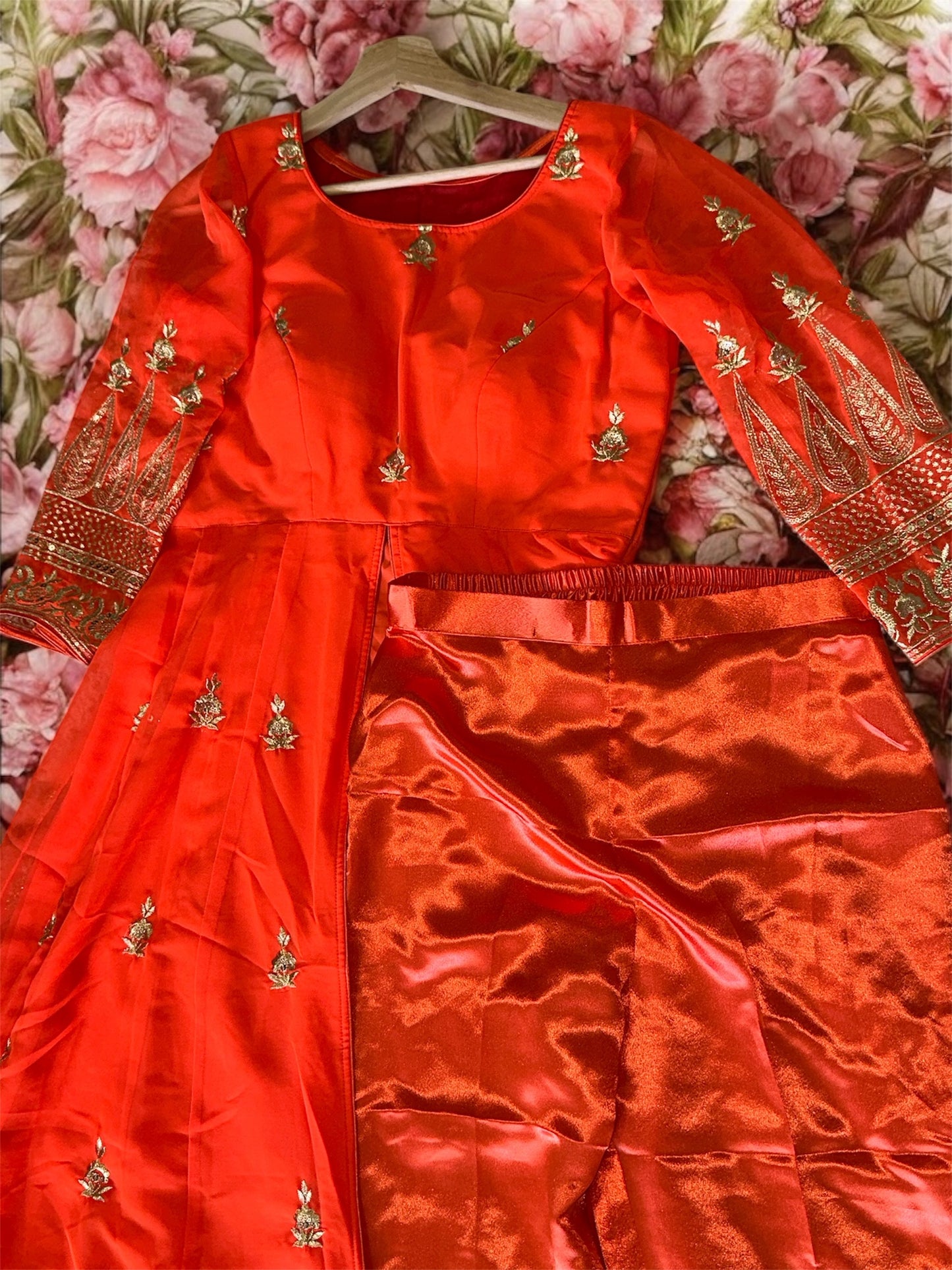 Orange Full Sleeve Anarkali Style Kurti with Front Split & Silk Pant