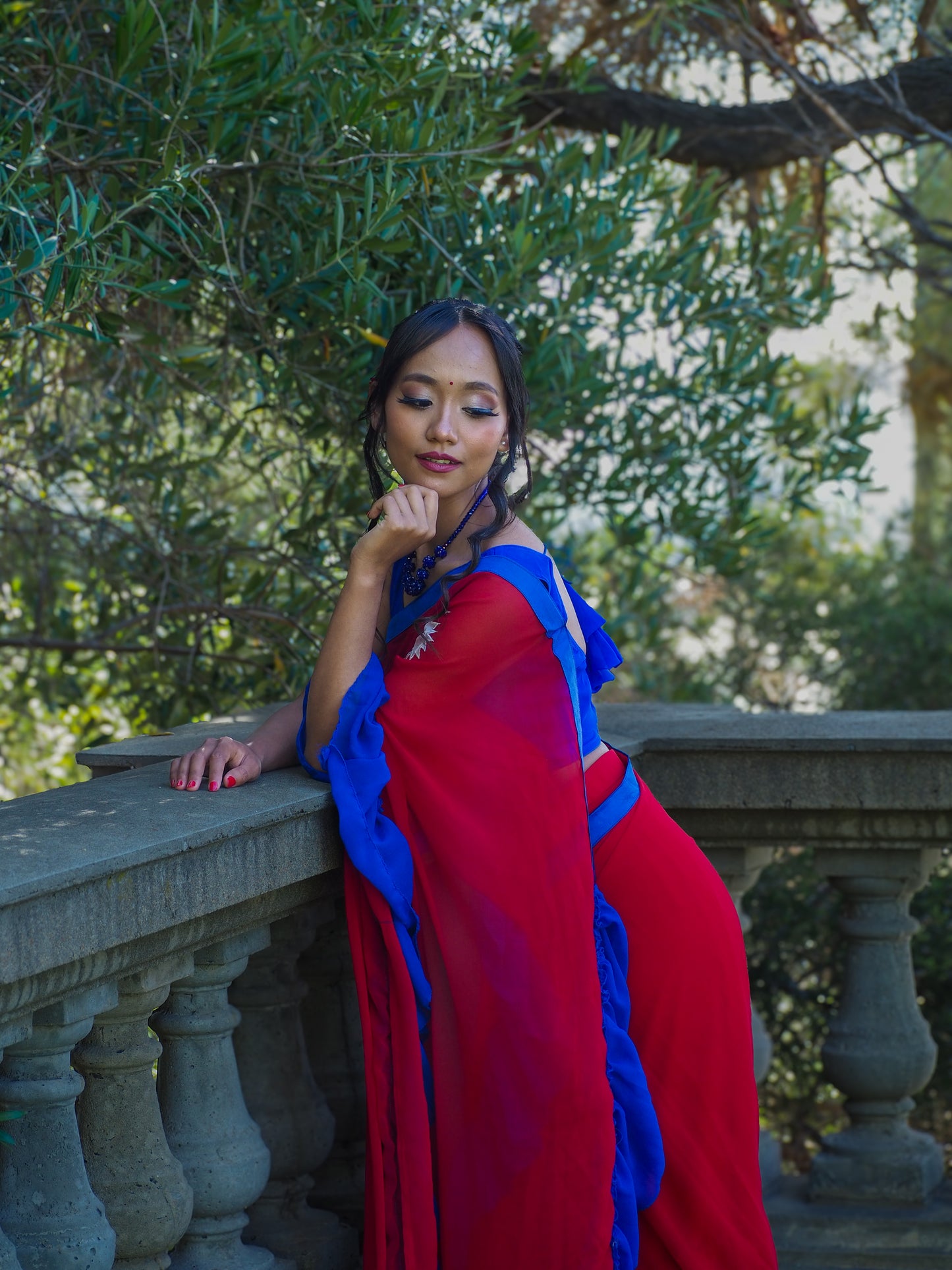 Nepal Flag Theme Ruffle Ready-to-Wear Saree Set (Petticoat Attached)