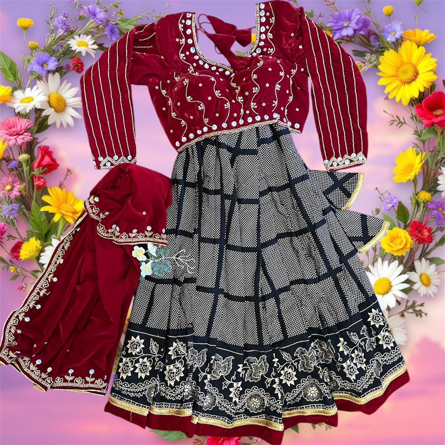 Gurung Lehenga Dress with Velvet Blouse and Shawl