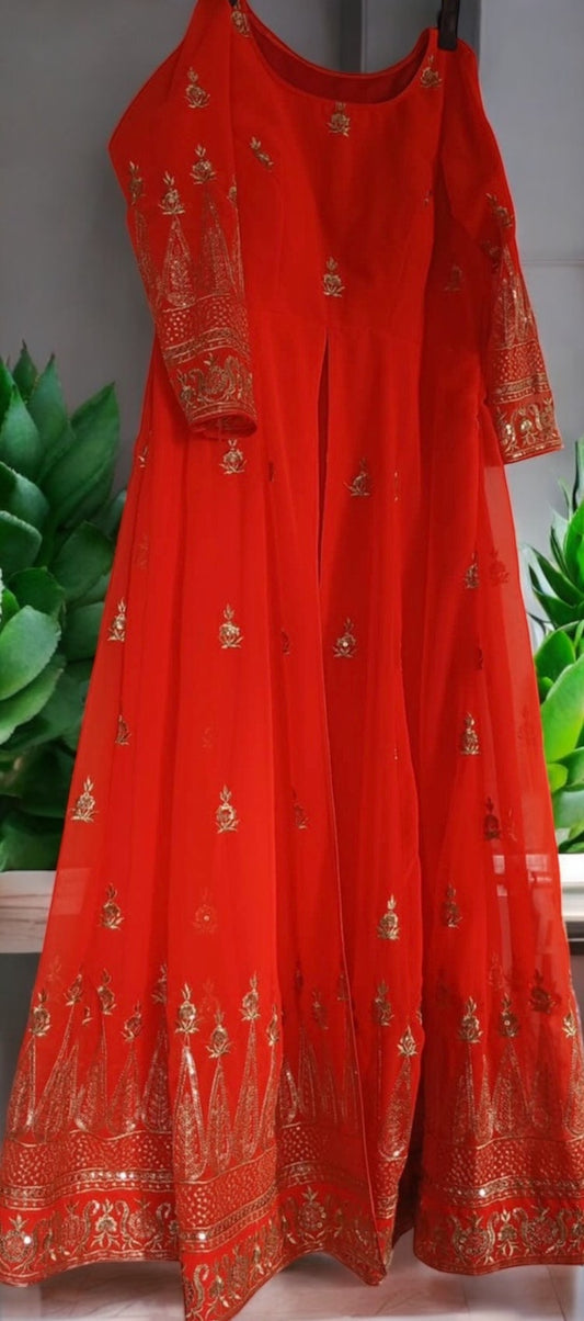 Orange Full Sleeve Anarkali Style Kurti with Front Split & Silk Pant