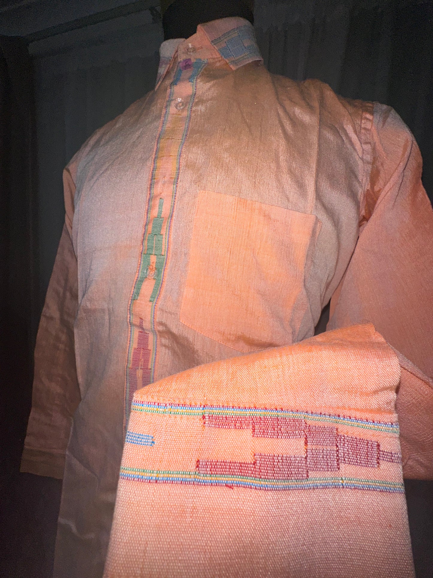 Men’s Dhaka Shirt – Peach Handwoven Cotton | Nepali Traditional Wear