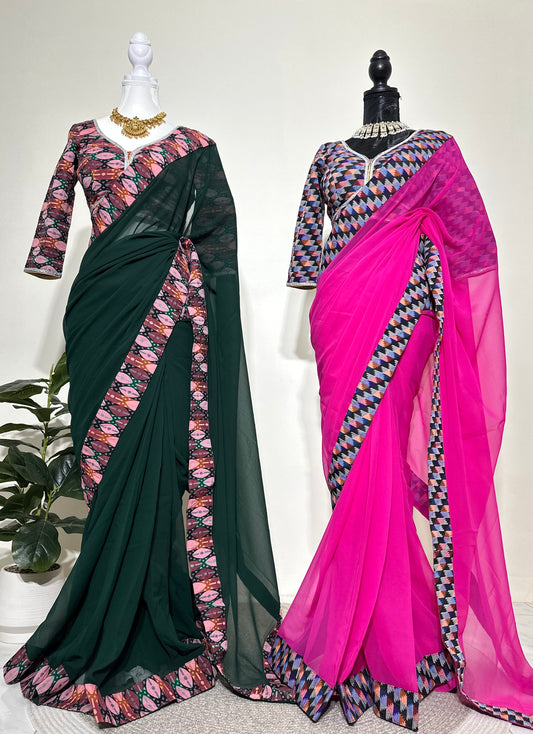 Dhaka Border Ready-to-Wear Saree with Designed Dhaka Blouse (Petticoat Attached)