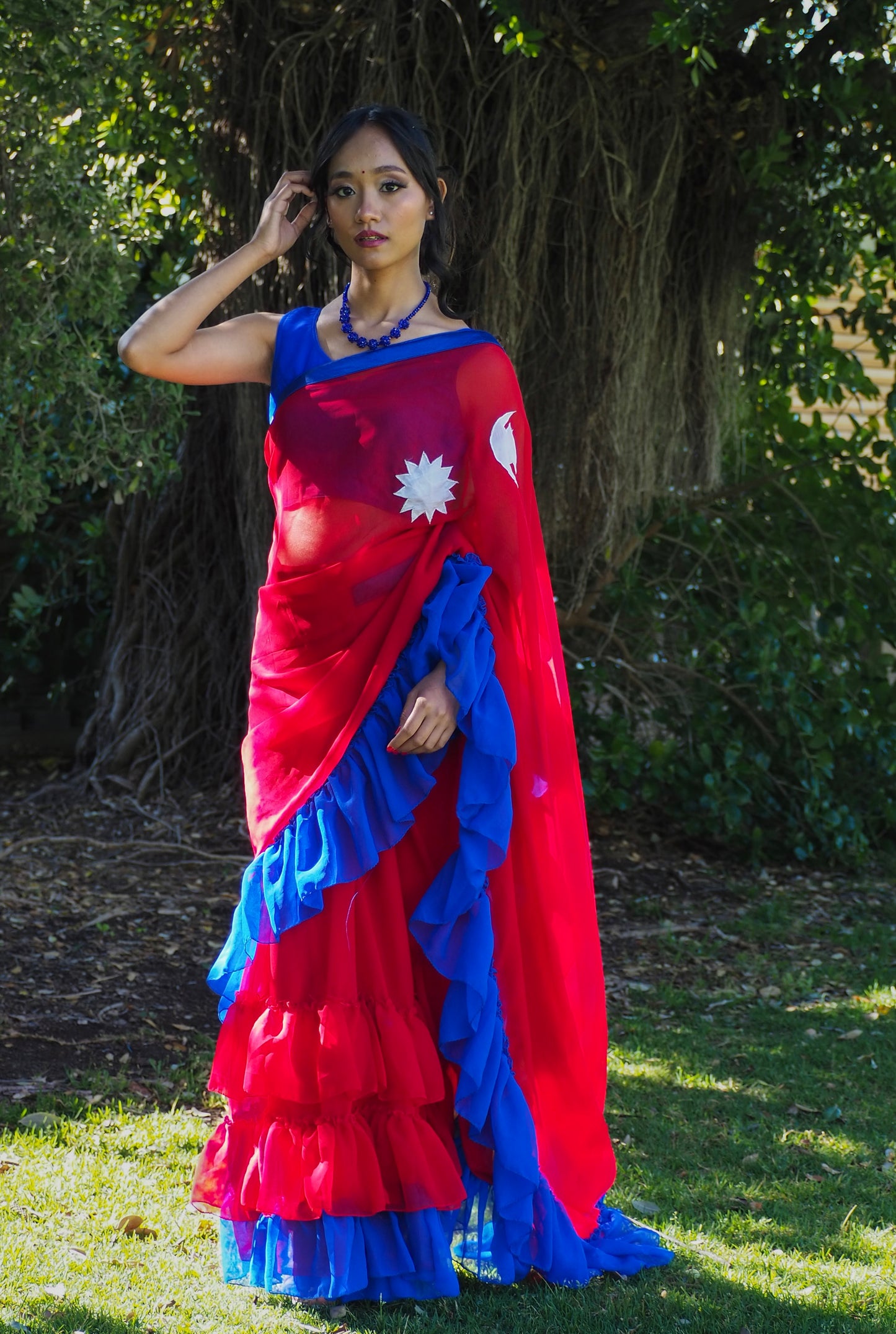 Nepal Flag Theme Ruffle Ready-to-Wear Saree Set (Petticoat Attached)