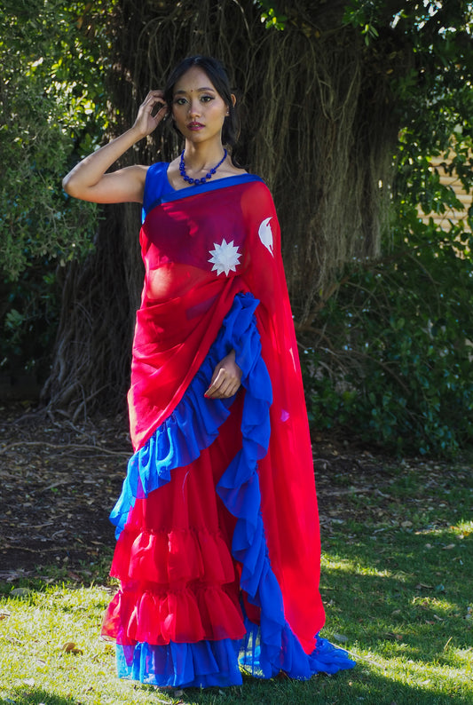 Nepal Flag Theme Ruffle Ready-to-Wear Saree Set (Petticoat Attached)