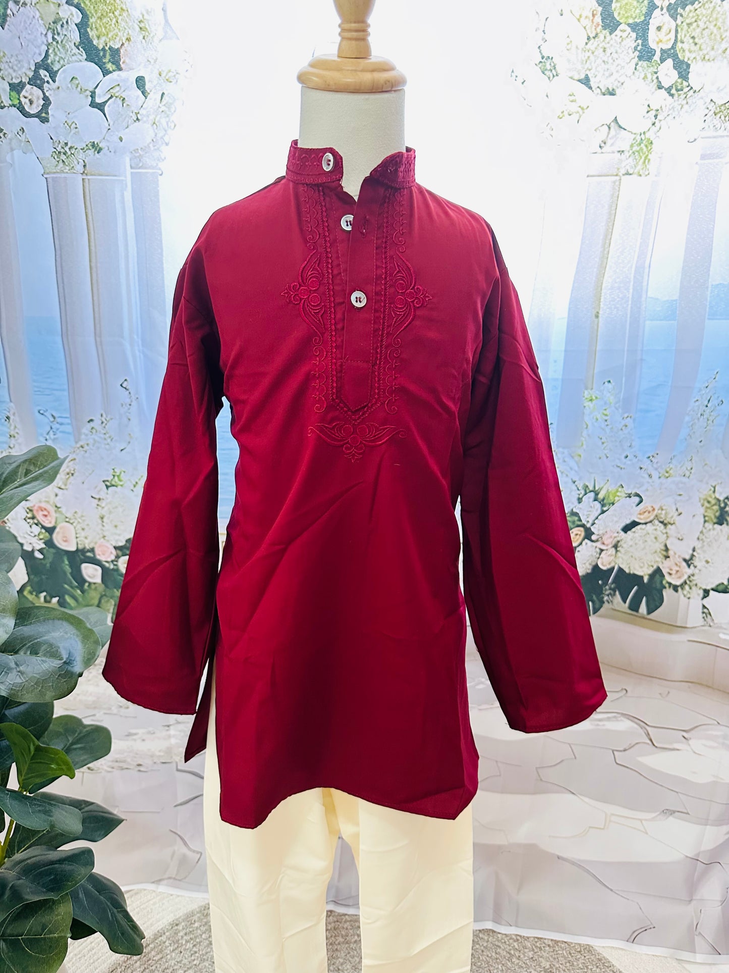Boys Maroon Kurta & Pyjama Set