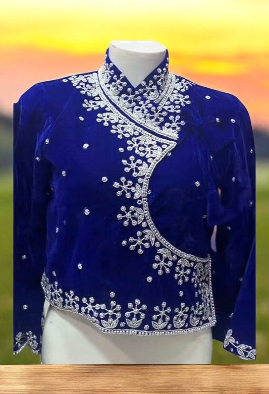 Blue Velvet Chaubandi Blouse with Silver Bead Handwork