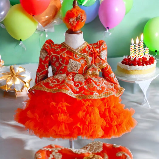 Orange Ruffled Baby Girl Dress Set (6–18 Months) – Embroidered Weaning & Birthday Outfit
