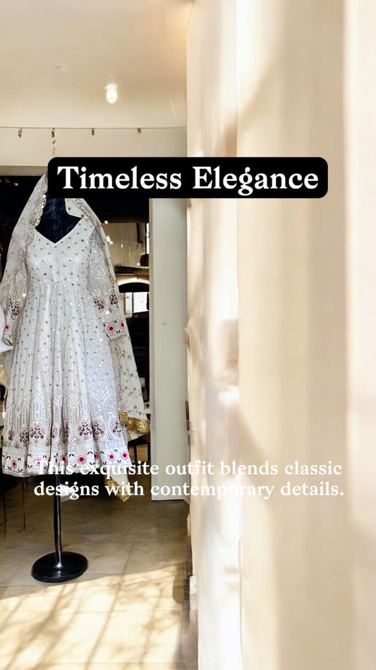 White Anarkali three piece set