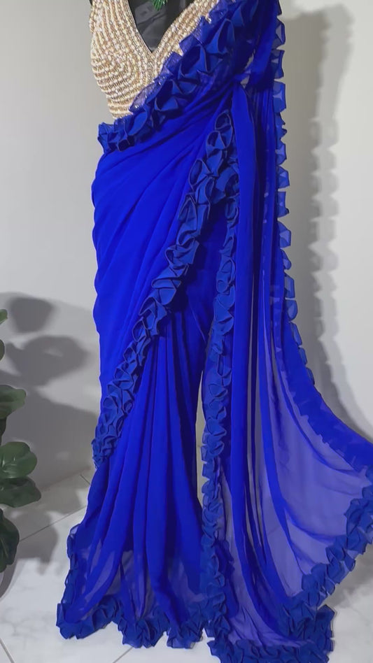 Ruffle Blue Saree & Heavy Handworked Blouse Set